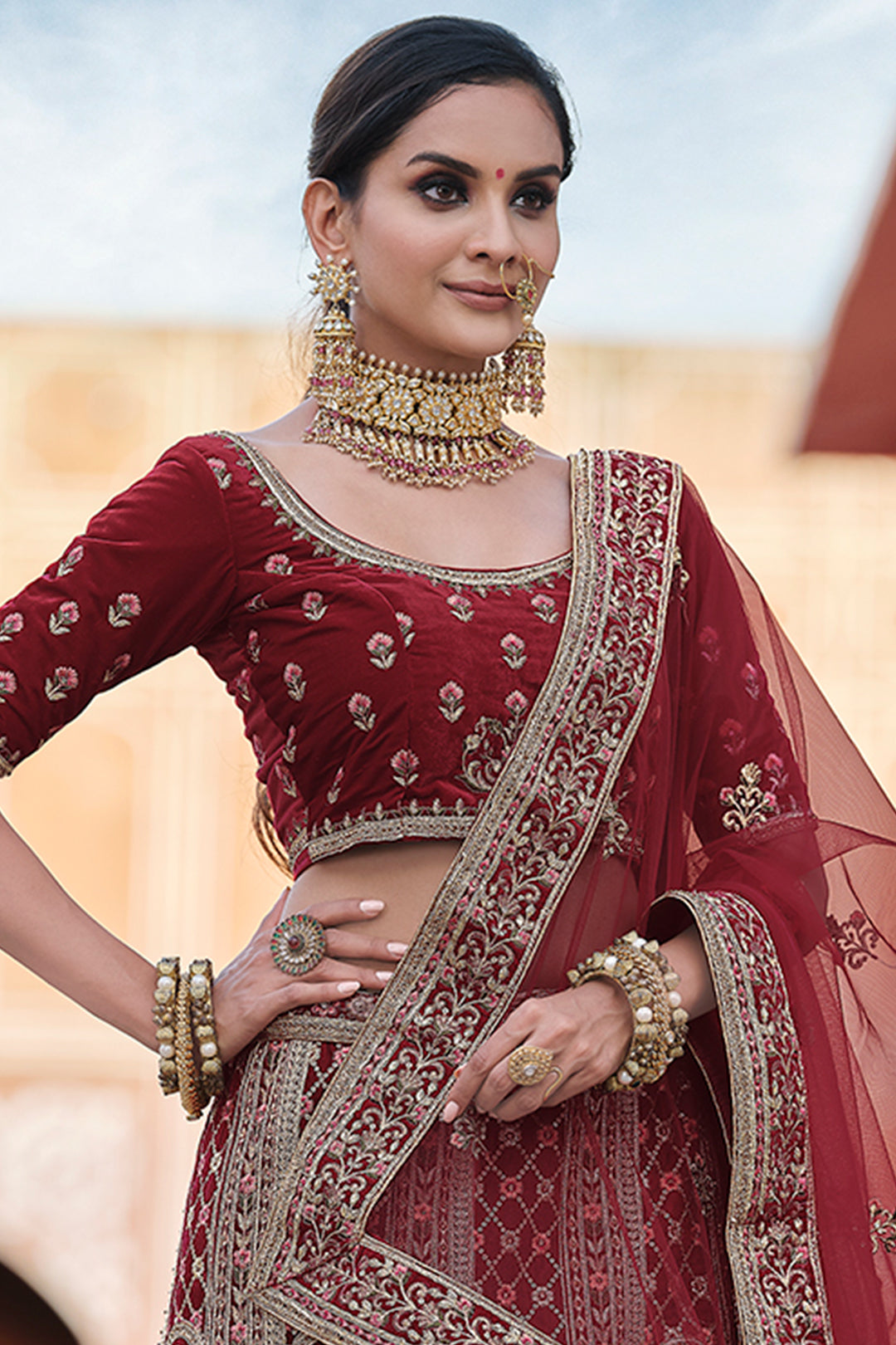 Designer Velvet Bridal Lehenga Choli | Embroidered Wedding Wear