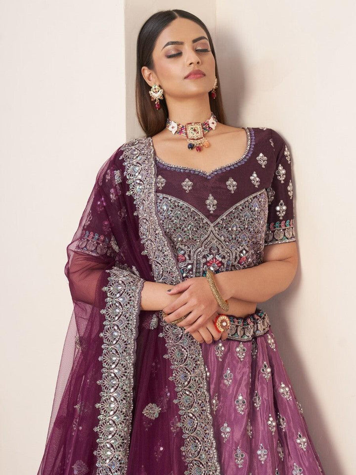 Wine Satin Lehenga Choli | Stone, Mirror & Threadwork for Weddings