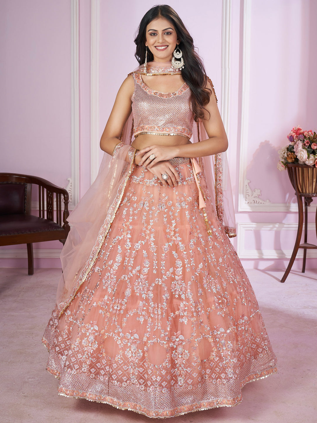 Stunning Peach Sequins Net Bridesmaid Lehenga Choli With Dupatta