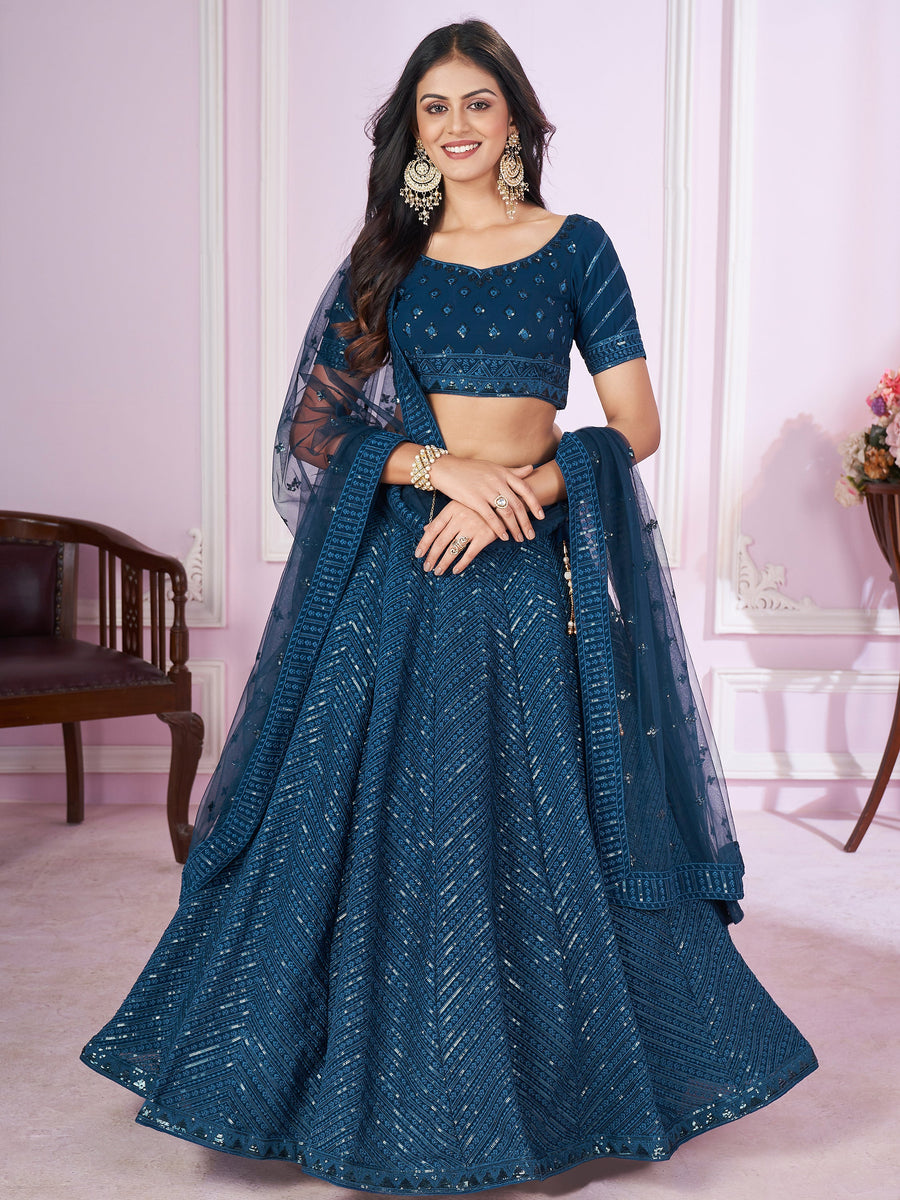 Dazzling Teal Blue Sequins Georgette Designer Lehenga Choli