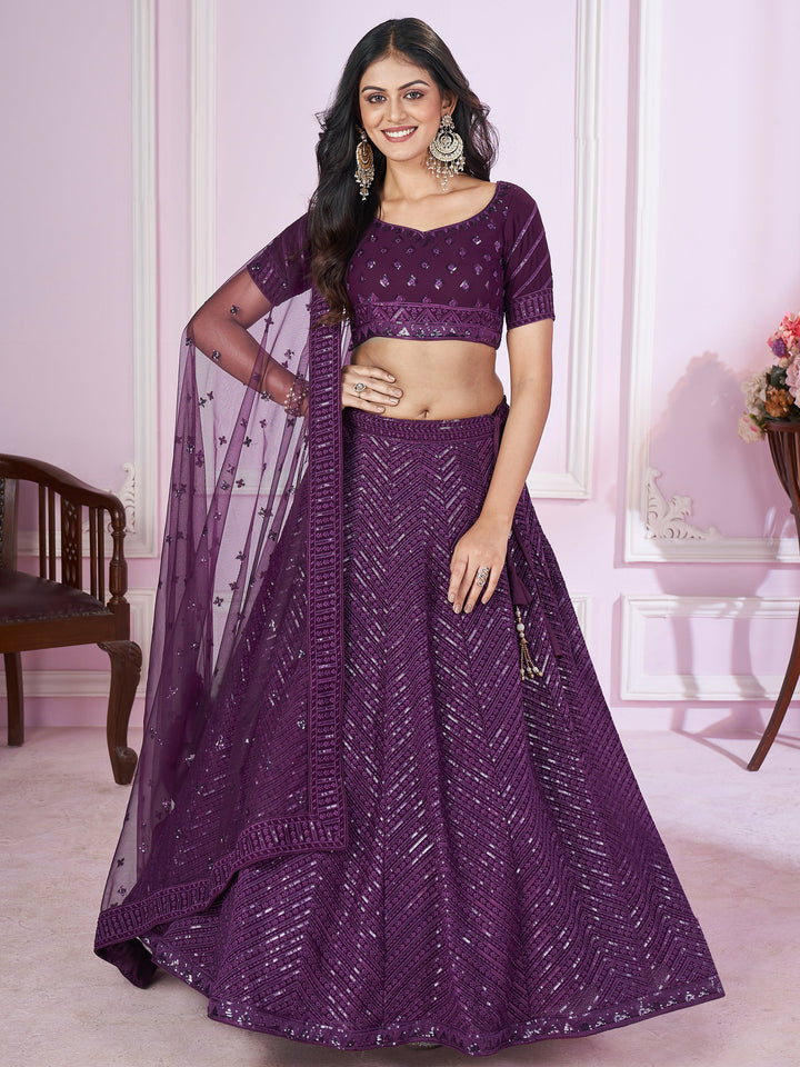 Astonishing Purple Sequins Georgette Reception Wear Lehenga Choli