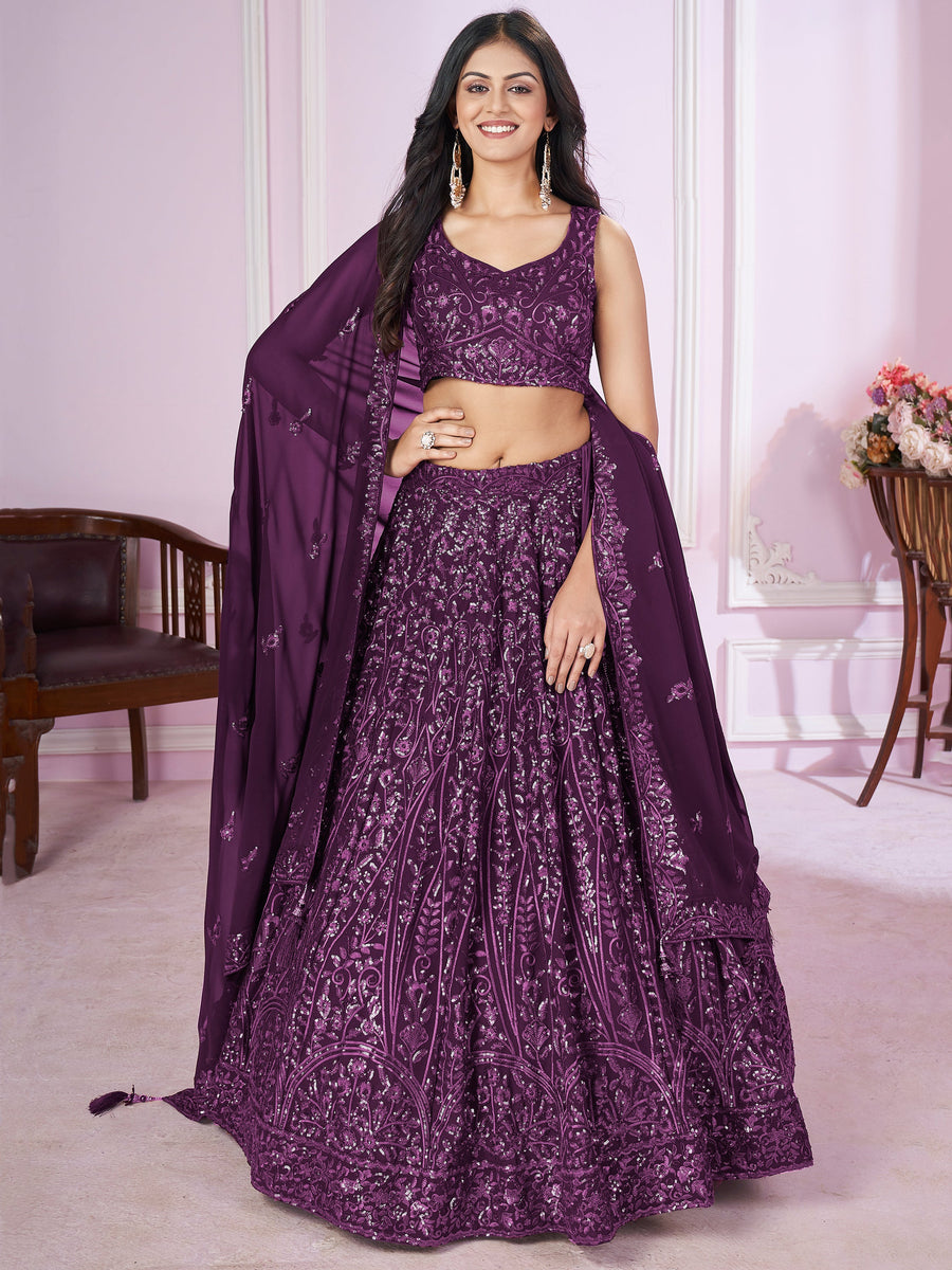 BeautifulÃ‚Â Purple Sequins Georgette Wedding Lehenga Choli With Dupatta