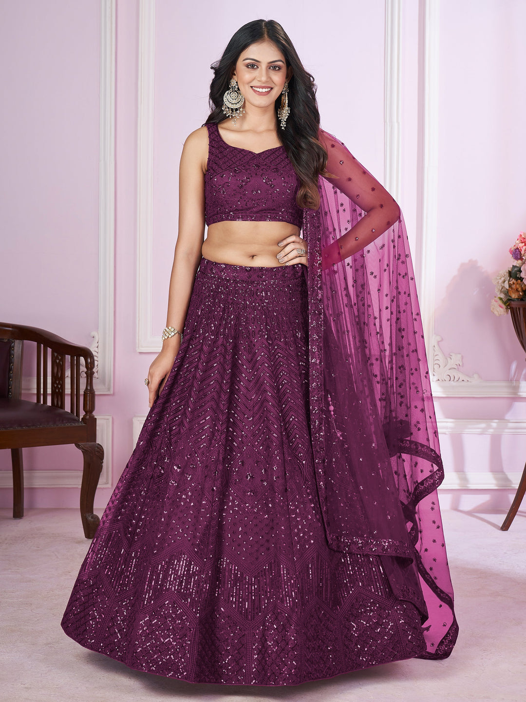 GorgeousÃ‚Â Purple Sequins Net Designer Lehenga Choli With Dupatta