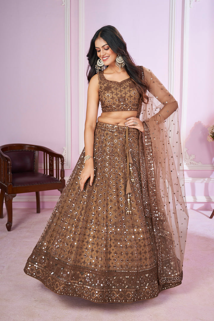 AlluringÃ‚Â Brown Sequins Net Bridesmaid Lehenga Choli With Dupatta