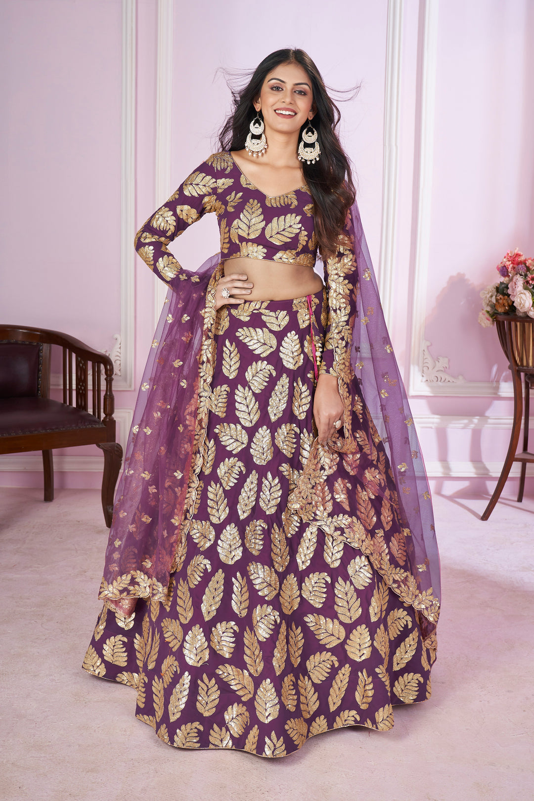 AttractiveÃ‚Â Purple Sequins Georgette Wedding Lehenga Choli