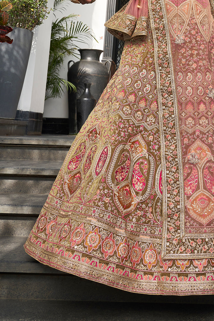 Olive Velvet Lehenga Choli | Embroidery, Resham & Zari Work Design