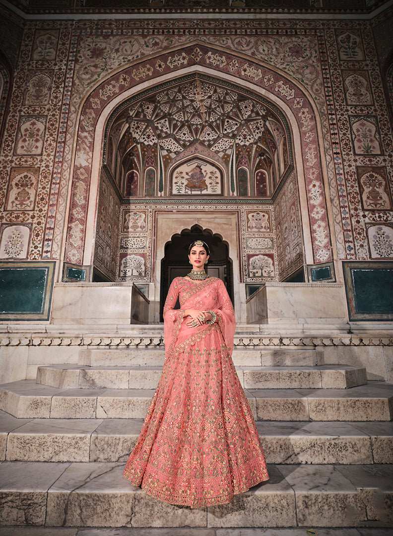 Peach Soft Net Zari & Resham Lehenga Choli | Wedding & Party Wear