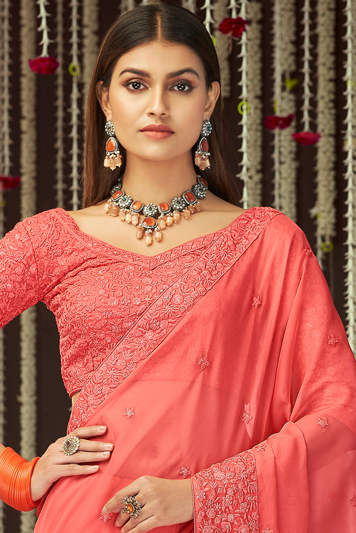 Exquisite Peach Saree | Sweetheart Neckline Blouse & Embroidered Borders