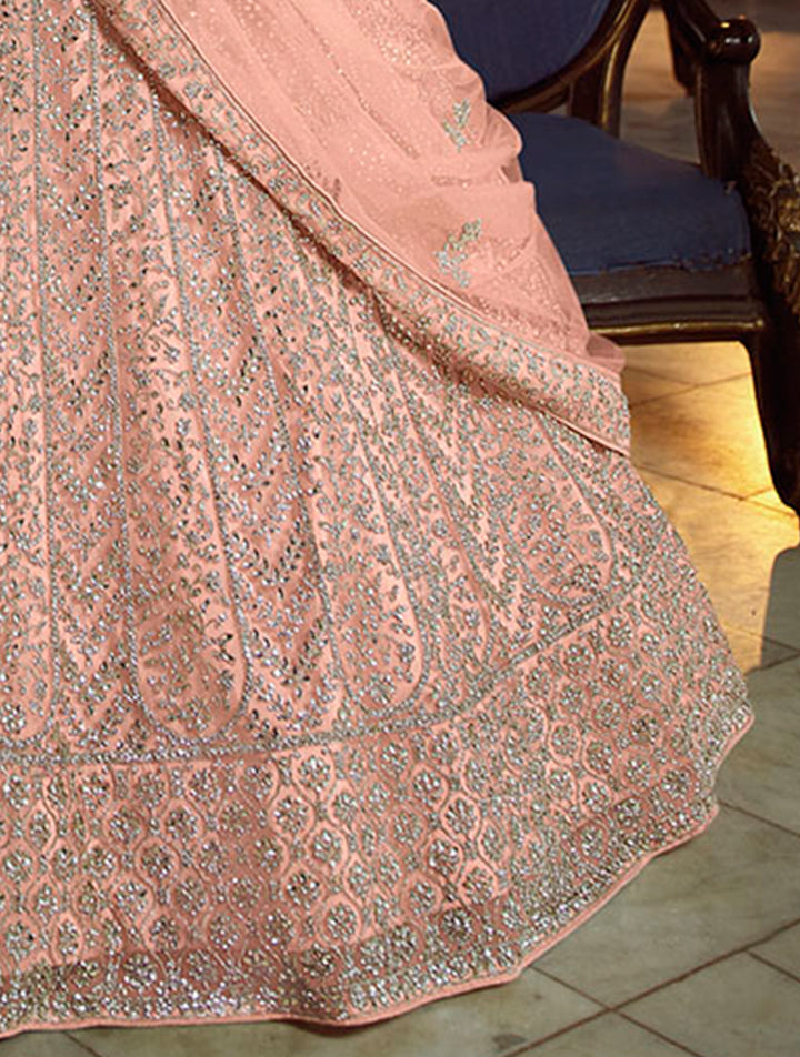 Peach Soft Net Lehenga with Dori and Zarkan Work | Bridal & Festive Wear