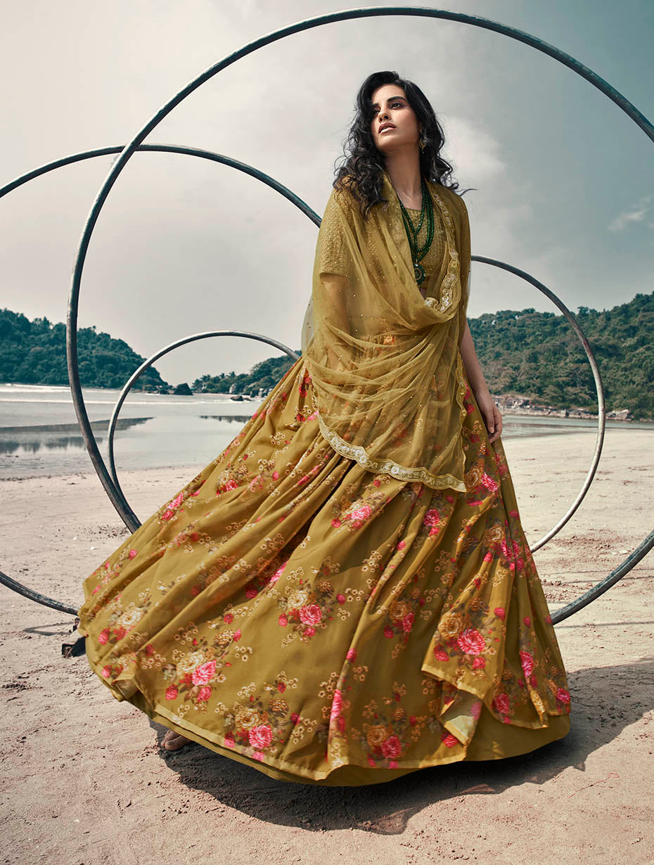 Elegant Reception Wear Lehenga | Olive Green Organza with Stylish Prints