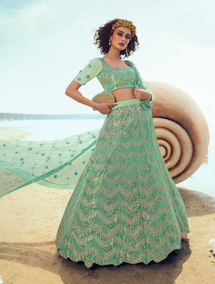 Exquisite Green Net Lehenga | Customizable for Wedding Wear