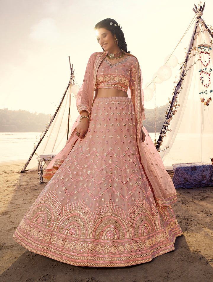 Peach Organza Lehenga Set | Embroidered Lehenga Choli with Net Dupatta