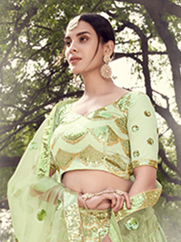 Pista Green Designer Lehenga Choli | Sequins Work Party Wear Set