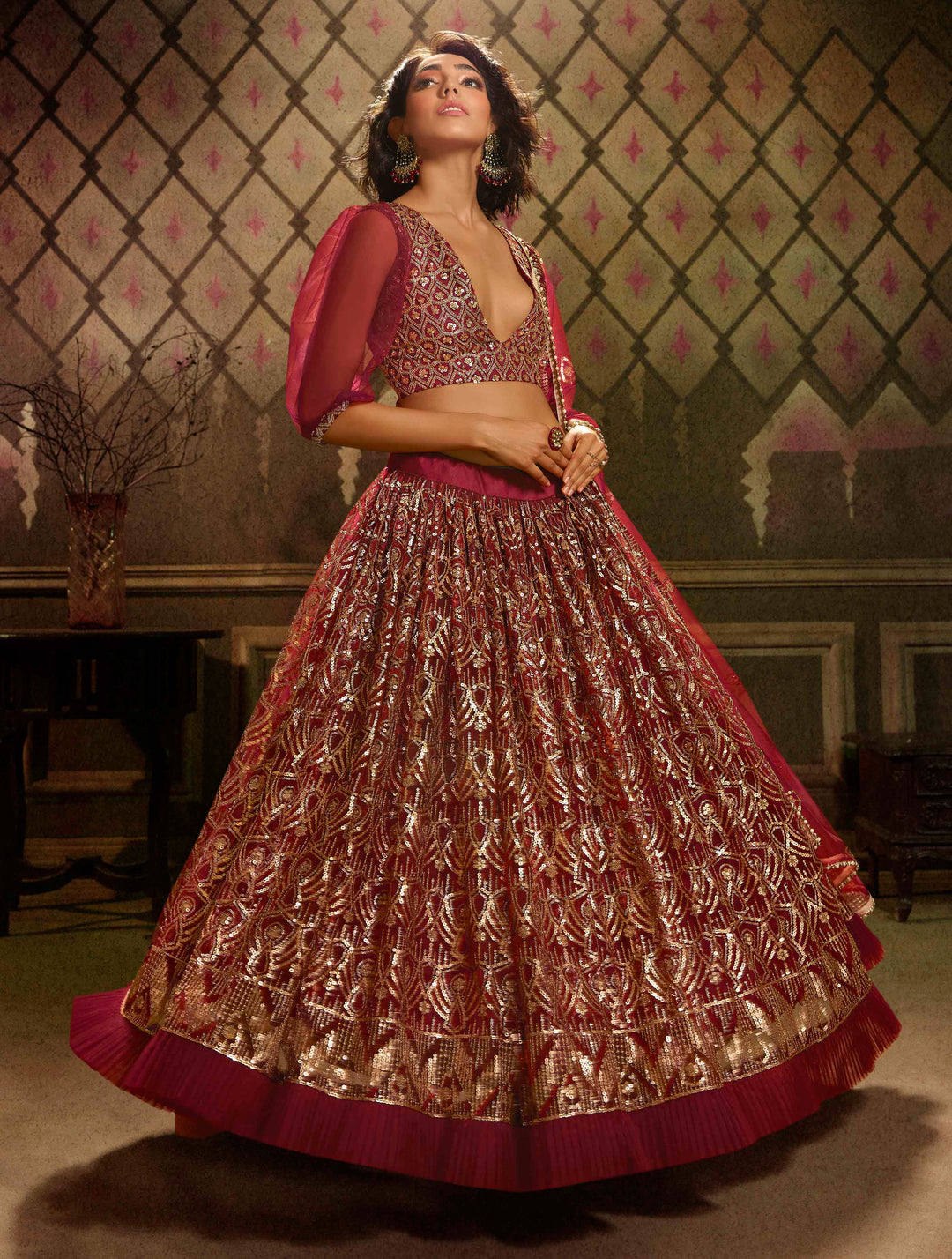 Maroon Soft Net Lehenga | Sequins Bridal Lehenga for Weddings