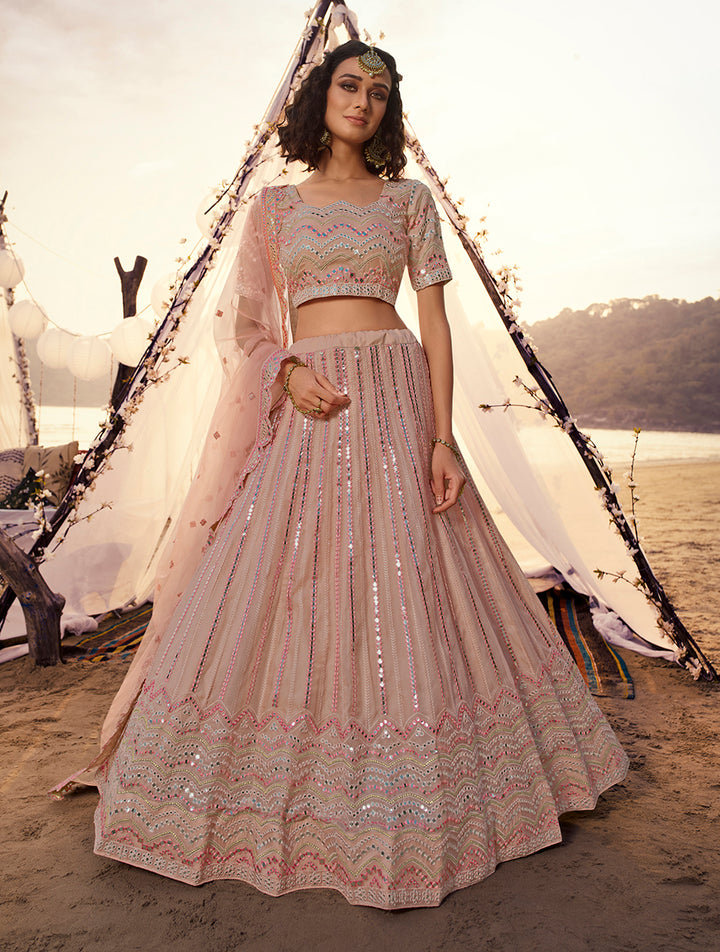 Peach Organza Lehenga for Women | Embroidered Mirror Work with Dupatta