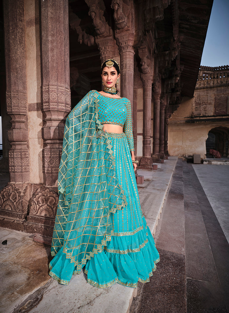 Stunning Turquoise Faux Georgette Lehenga | Perfect for Weddings