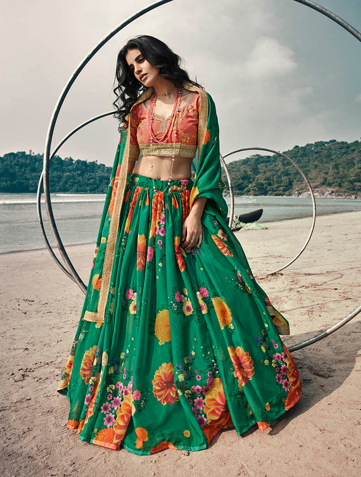 Elegant Sangeet Wear Lehenga | Rama Green Fancy Organza with Prints