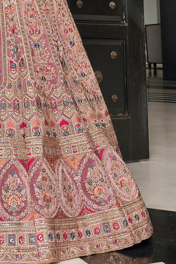 Captivating Pink Velvet Lehenga Choli | Dori, Zari & Sequins Work