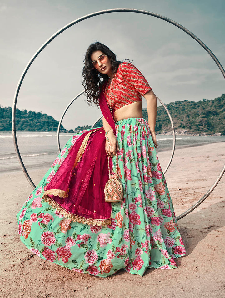 Fancy Printed Lehenga Choli | Sky Blue Organza for Special Occasions