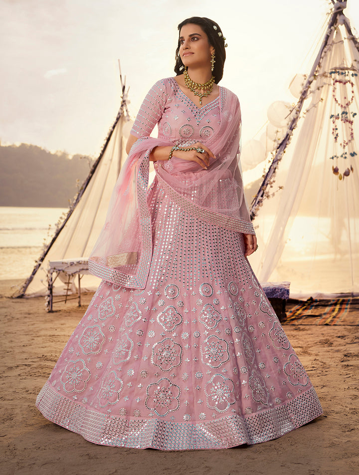 Baby Pink Thread Embroidery Organza Lehenga | Mirror Work Choli Set