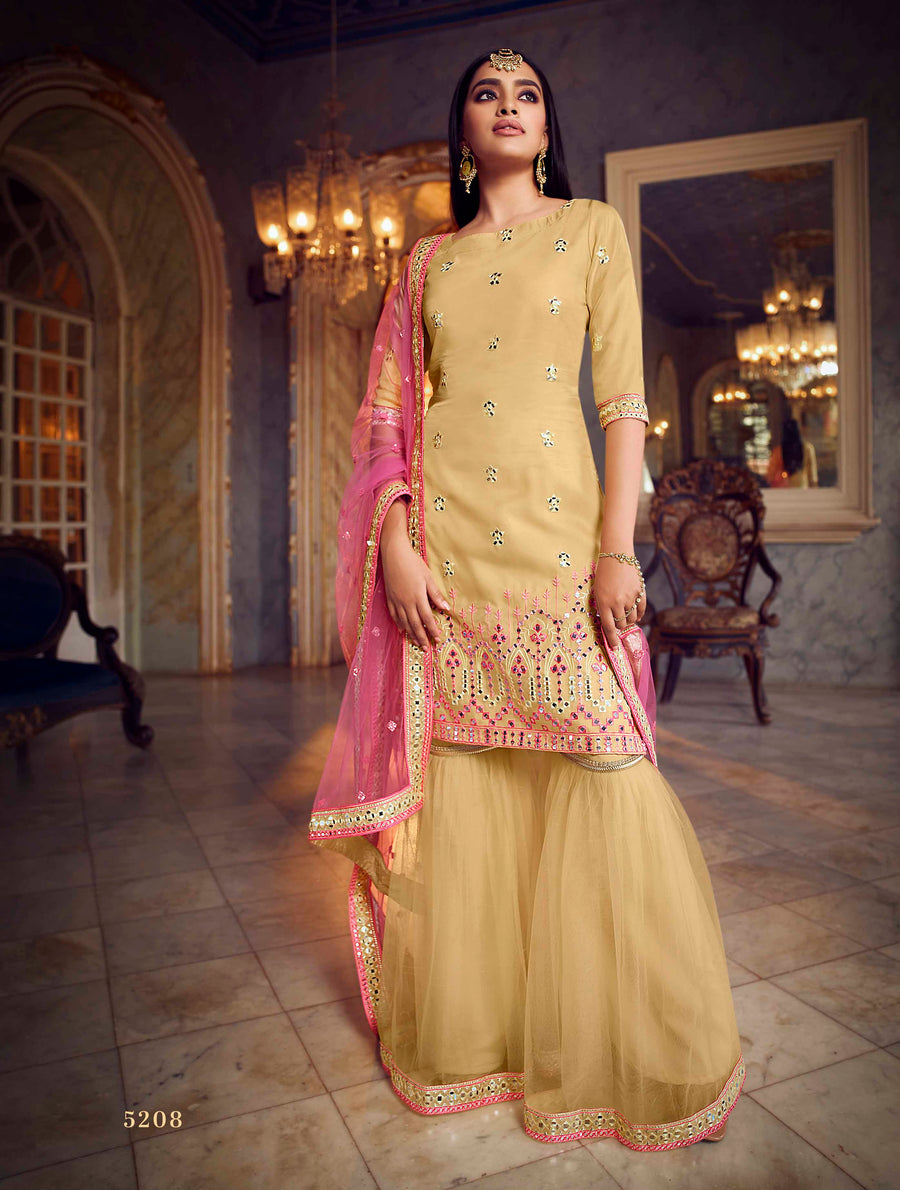 Beige organza base designer sharara suit with heavy embroidery for weddings