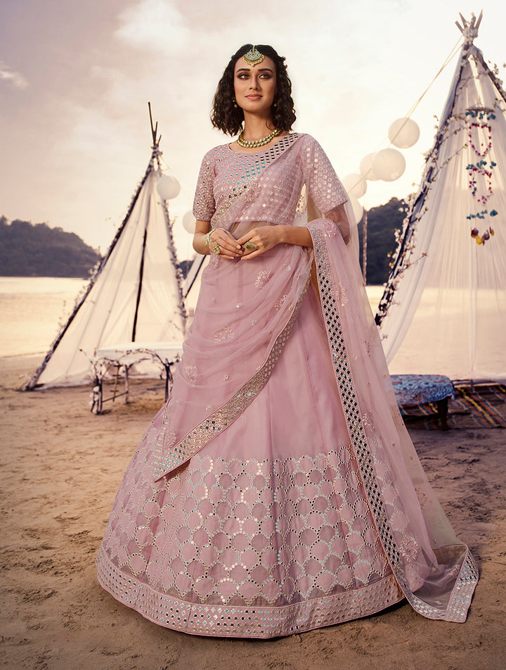 Baby Pink Embroidered Lehenga Choli | Flared Organza with Dupatta