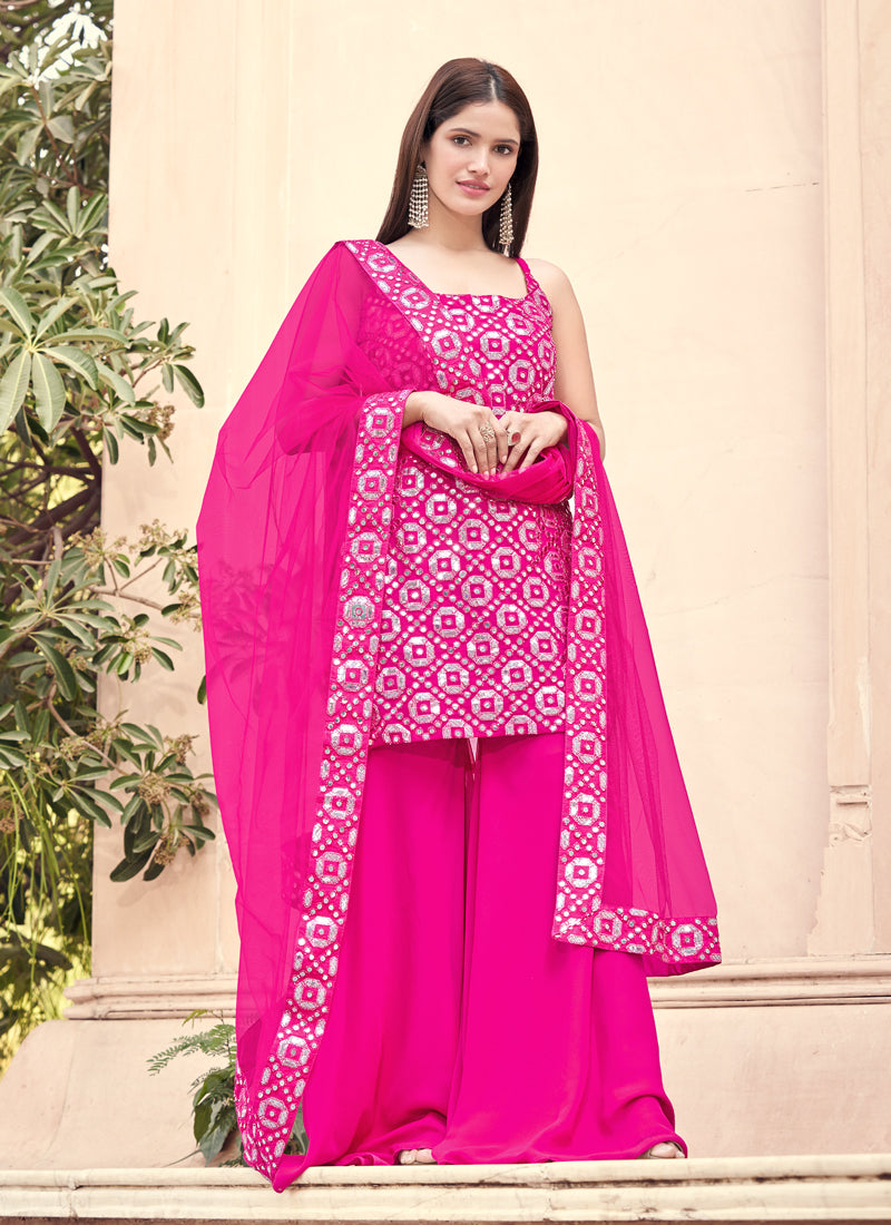 Pink Embroidered Georgette Sharara Set | Semi Stitched Salwar Suit