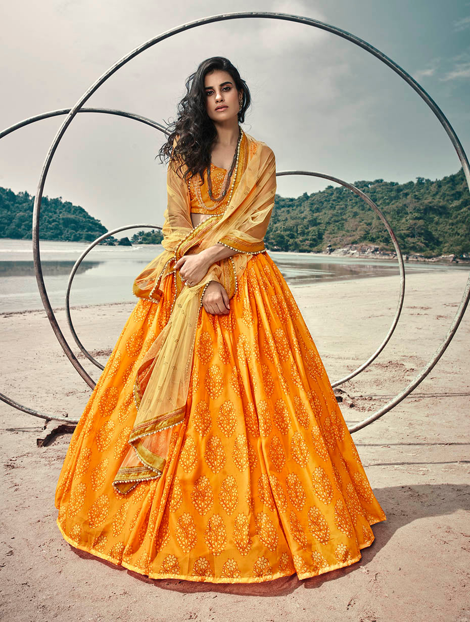 Stunning Digital Print Lehenga | Mustard & Orange for Wedding Glam