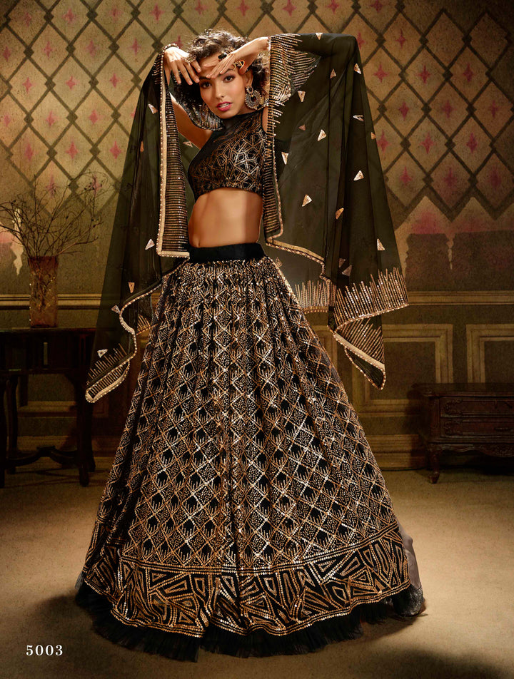 Party Wear Black Lehenga | Golden Sequins Wedding Lehenga Choli