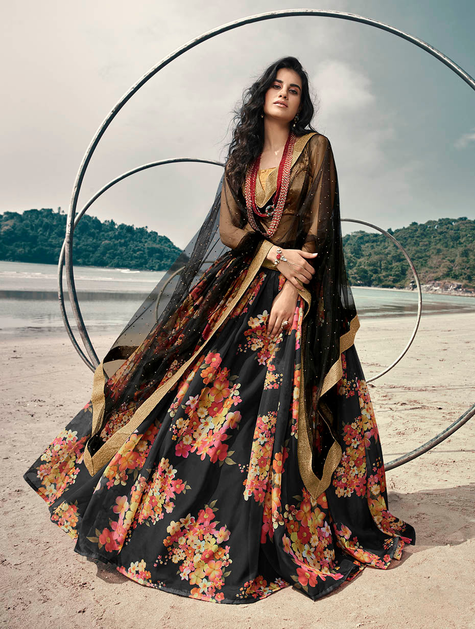 Elegant Black Wedding Lehenga | Fancy Organza with Stunning Prints