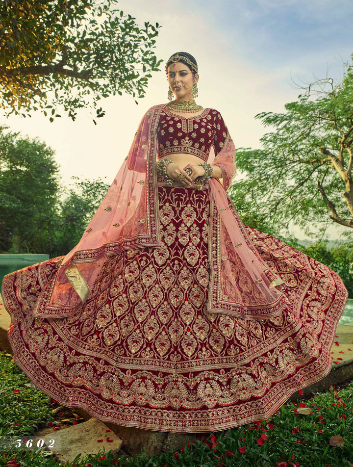 Maroon Velvet Bridal Lehenga | Handworked Soft Net Indian Choli