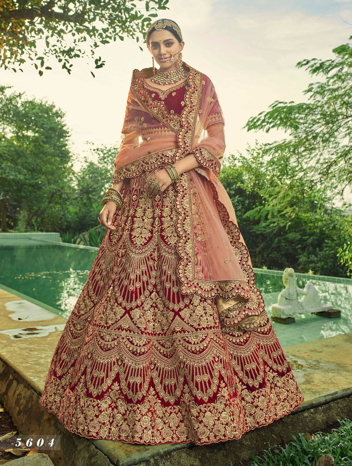 Indian Party Wear Lehenga Choli | Maroon Embroidered Velvet Set