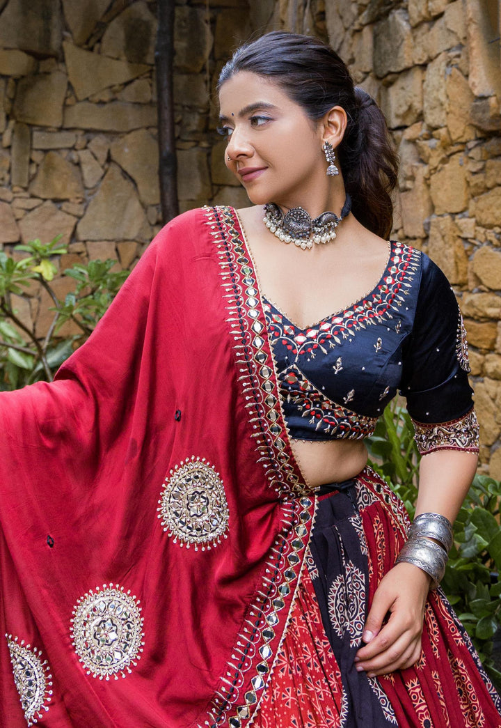 Elegant Red and Navy Blue Bandhani Lehenga Choli | Mirror Work Wedding Outfit