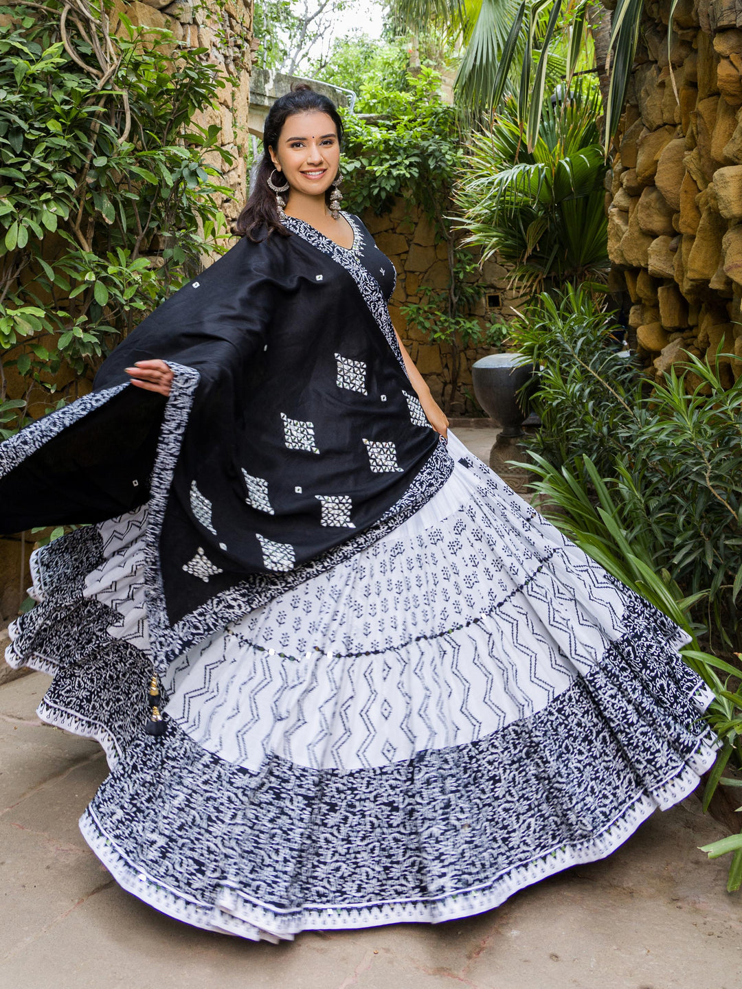 Designer Navratri Chaniya Choli | White-Black Lehenga with Mirror Work