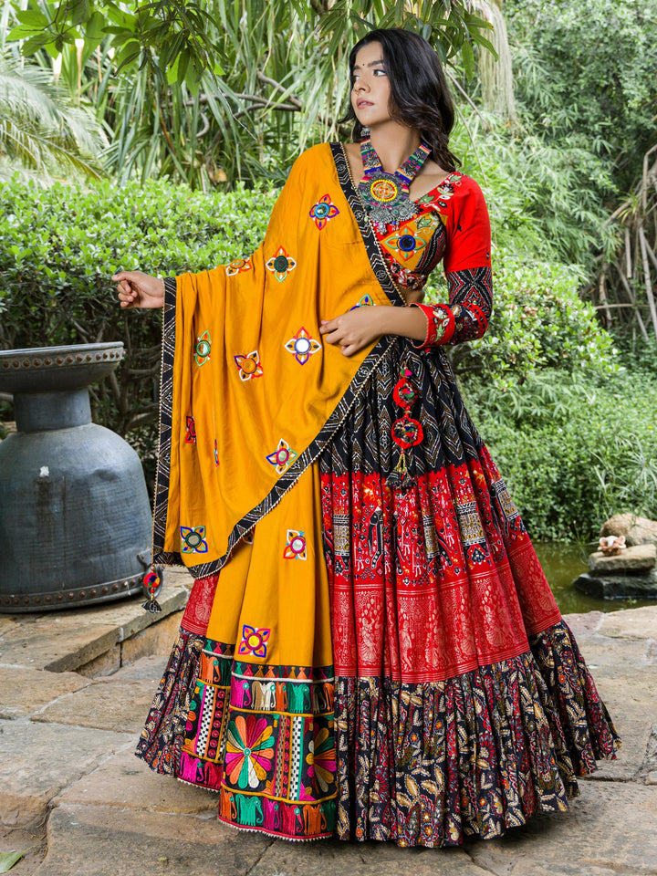 Cultural Yellow/Red Lehenga Choli | Traditional Motifs & Mirror Work for Celebrations