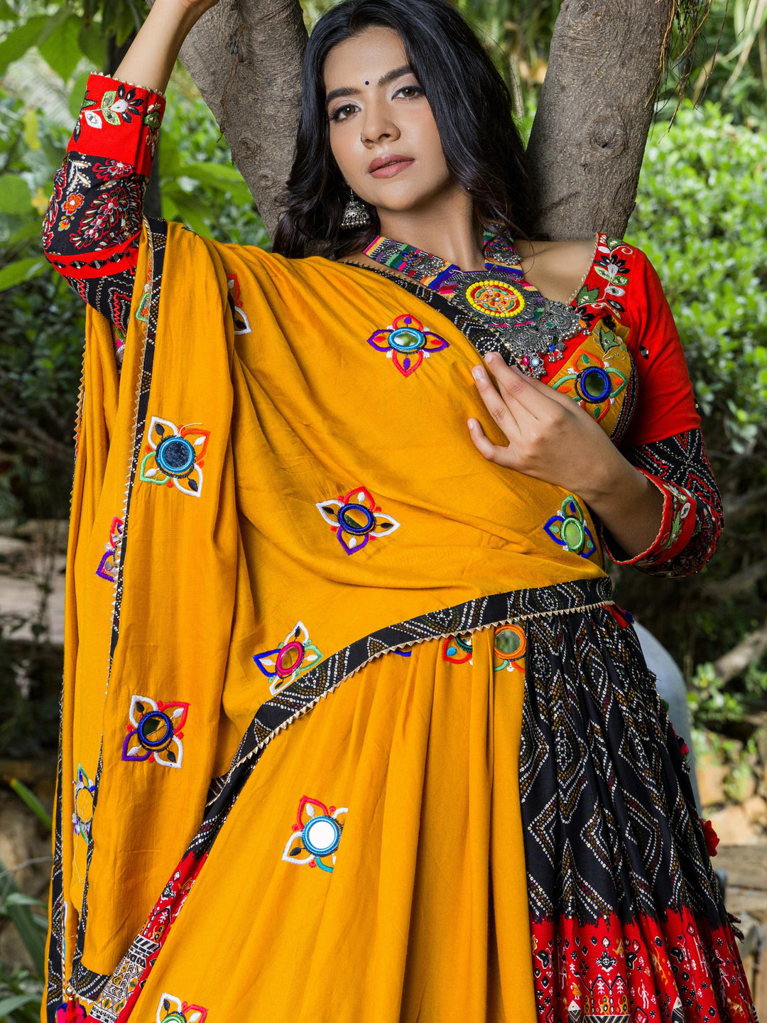 Cultural Yellow/Red Lehenga Choli | Traditional Motifs & Mirror Work for Celebrations