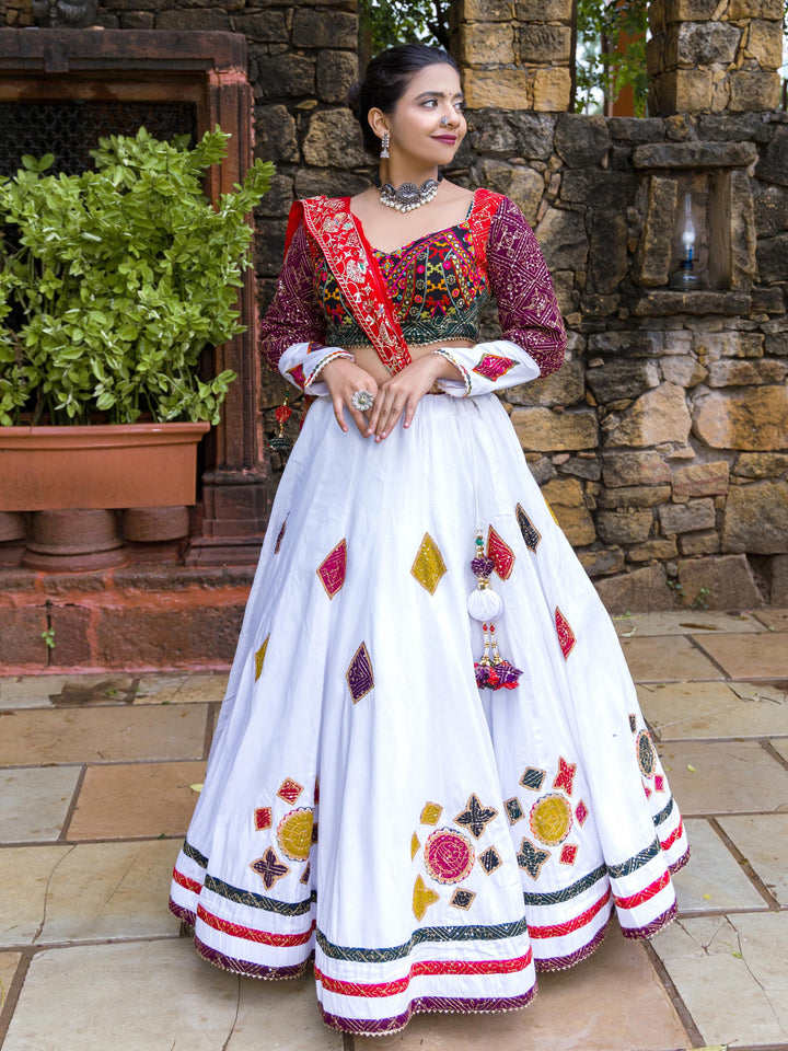 White Designer Chaniya Choli with Gamthi & Kutchi Work | Perfect for Navratri Garba