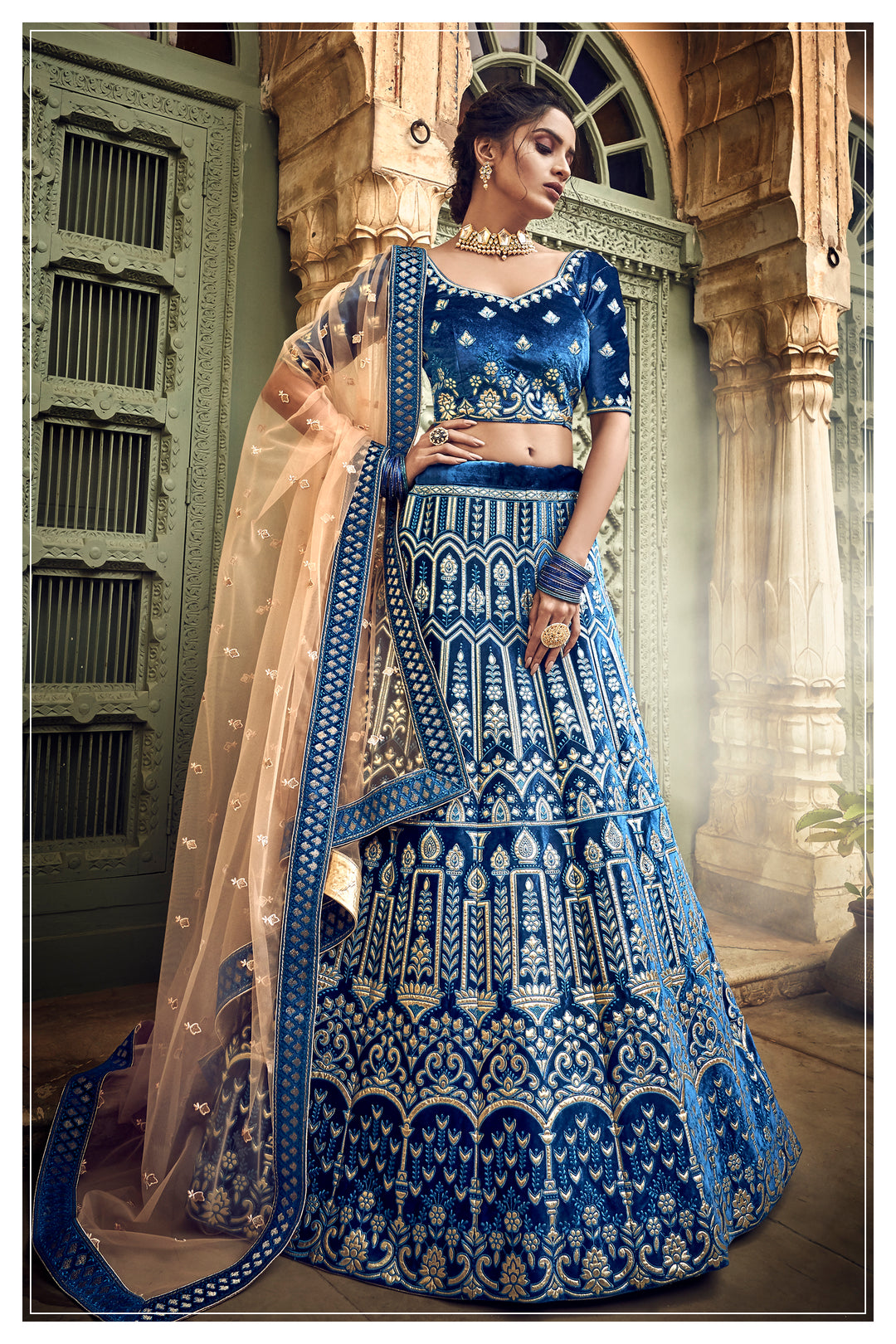 Designer Blue Lehenga for Women | Velvet Lehenga with Net Dupatta