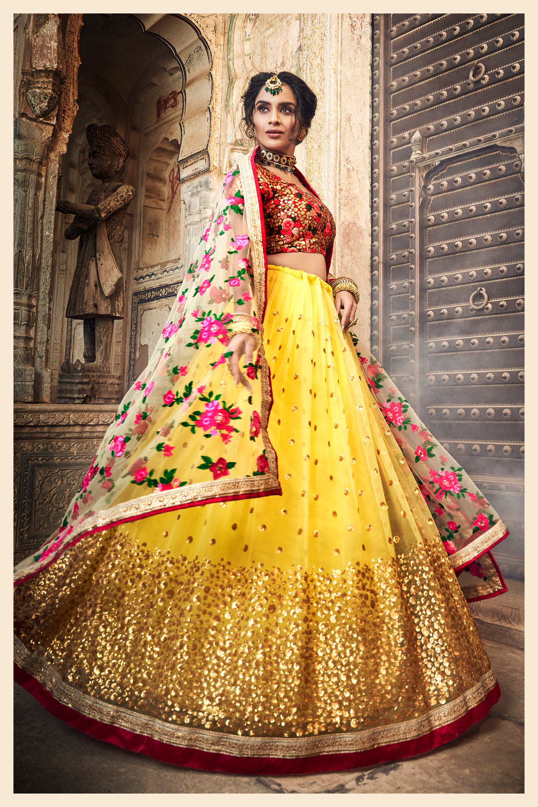 Yellow Bridal Lehenga Choli | Zari Sequins on Soft Net Fabric