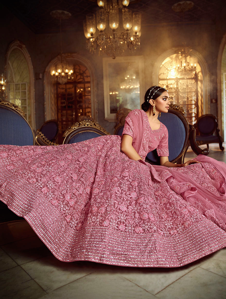 Pink Soft Net Lehenga with Intricate Embroidery | Elegant Bridal Wear