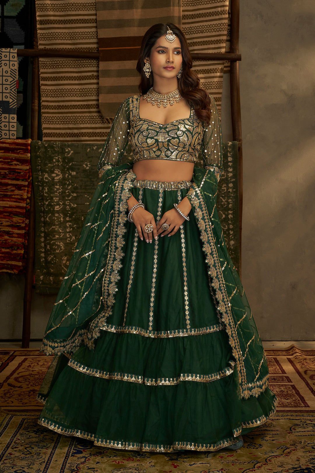 Elegant Green Net Lehenga | Zari & Sequins Work with Matching Dupatta