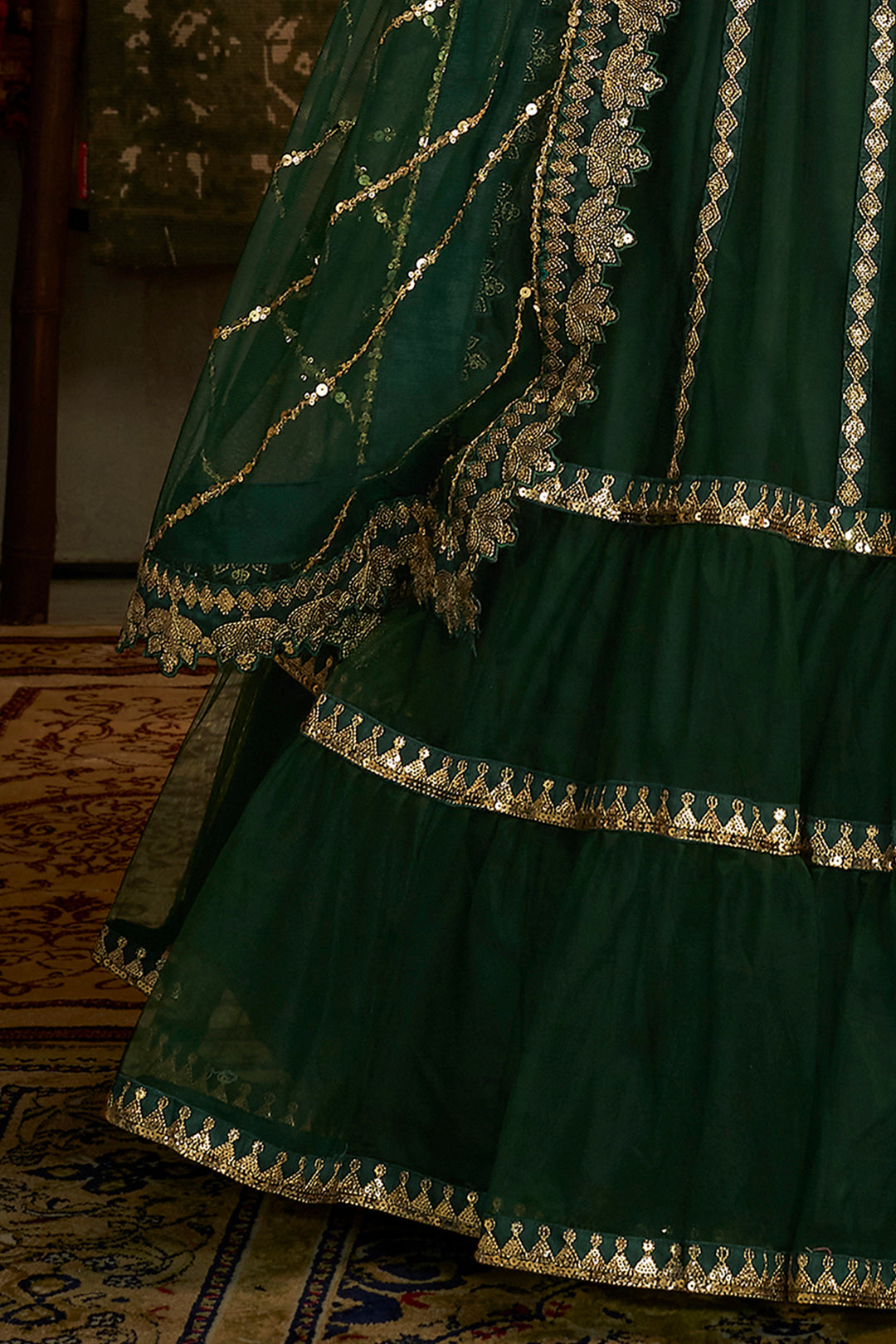 Elegant Green Net Lehenga | Zari & Sequins Work with Matching Dupatta