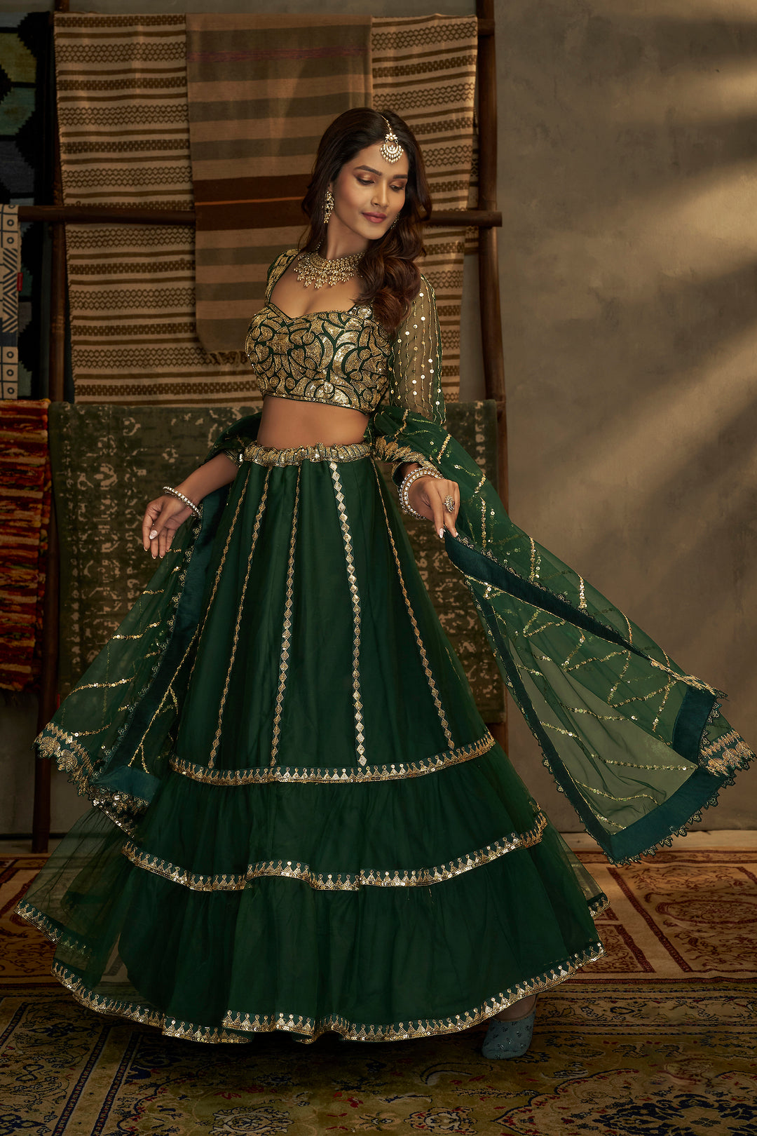 Elegant Green Net Lehenga | Zari & Sequins Work with Matching Dupatta