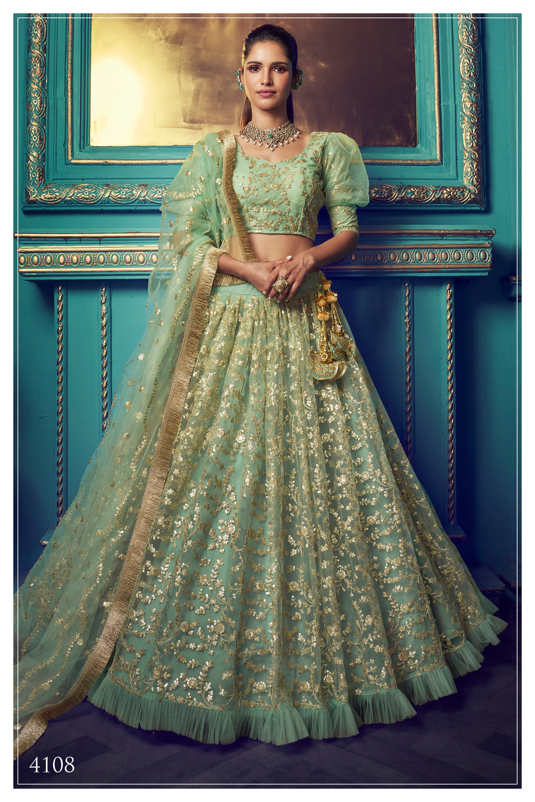 GREEN Lehenga with Sequin Work | Elegant Soft Net Lehenga for Women