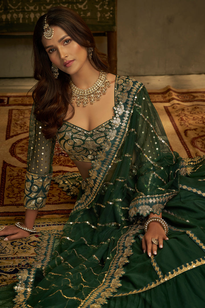 Elegant Green Net Lehenga | Zari & Sequins Work with Matching Dupatta