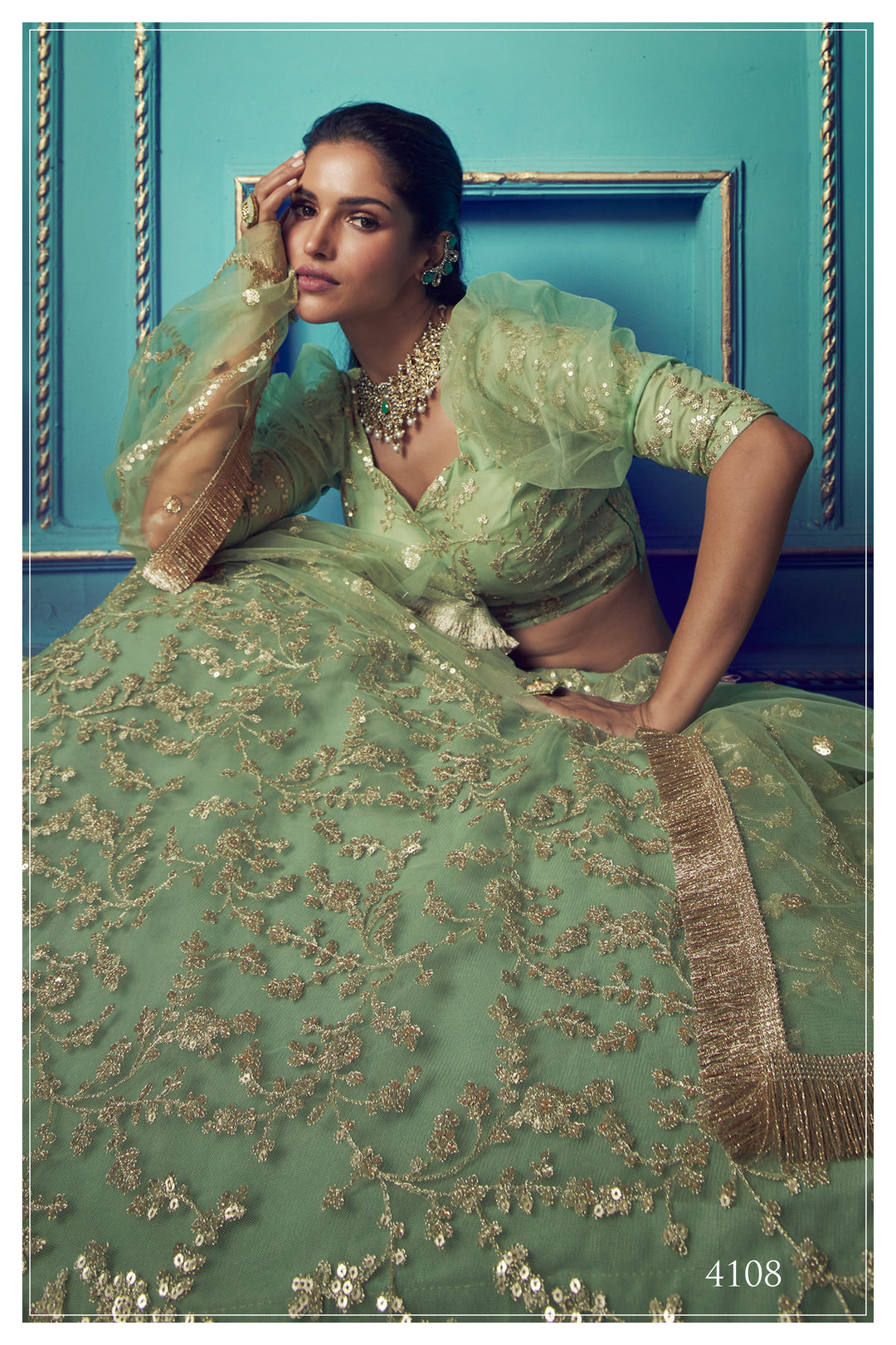 GREEN Lehenga with Sequin Work | Elegant Soft Net Lehenga for Women