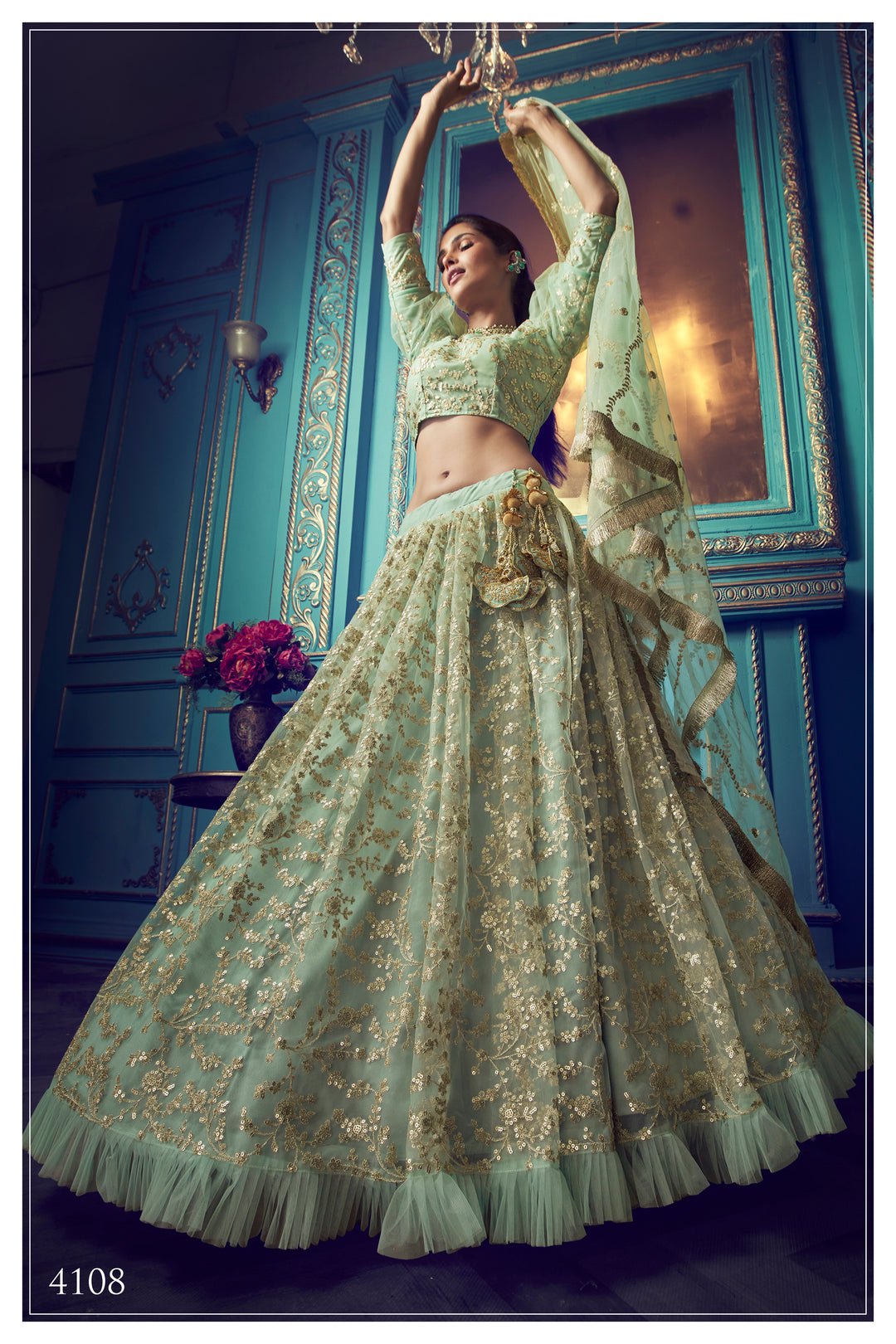 GREEN Lehenga with Sequin Work | Elegant Soft Net Lehenga for Women