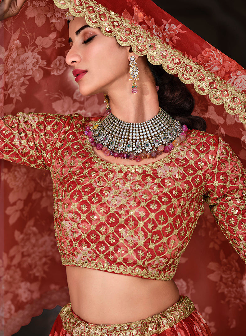 Modern Red Organza Lehenga Choli | Floral, Zari & Sequins A-line Dress