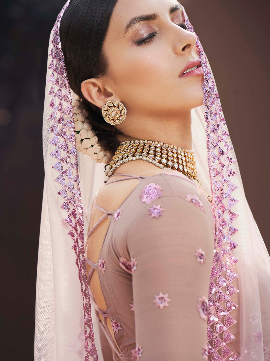 Soft Net Lehenga with Sequins and Thread Work | Semi-Stitched Lilac Lehenga