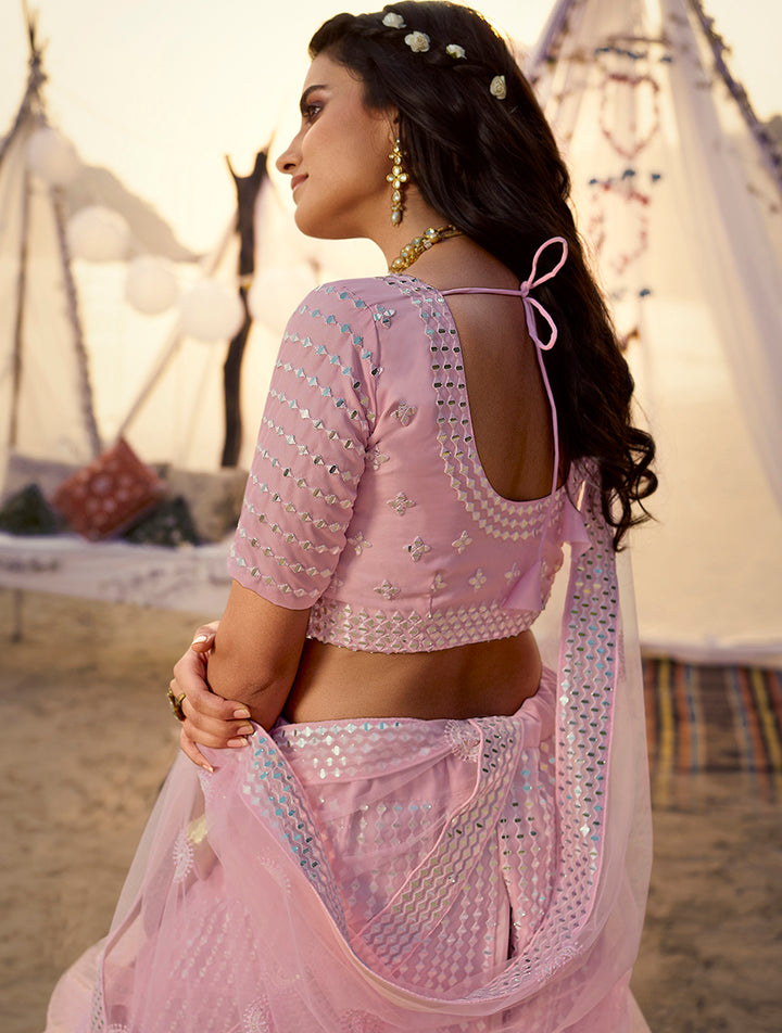 Baby Pink Thread Embroidery Organza Lehenga | Mirror Work Choli Set